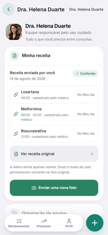 Tela Meu médico do aplicativo Adero com identificação da equipe responsável